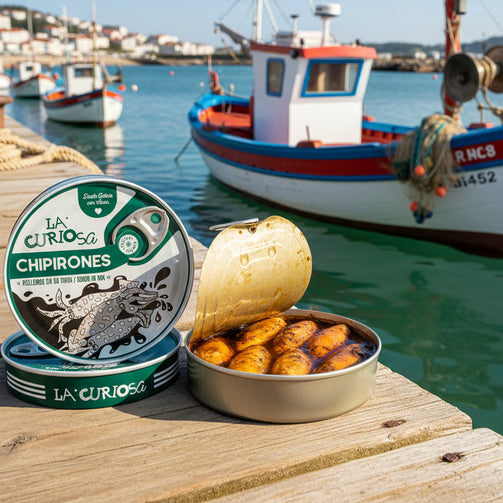 Open can of La Curiosa Chipirones with visible squid pieces inside on a white background