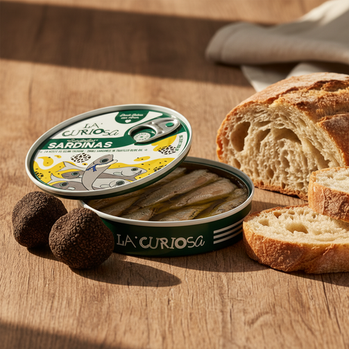 A round tin of La Curiosa Sardinas small sardines in truffled olive oil, shown with the lid placed beside and on top of the open tin, revealing the sardines inside. The lid features a green, white, and yellow label with illustrations of sardines.