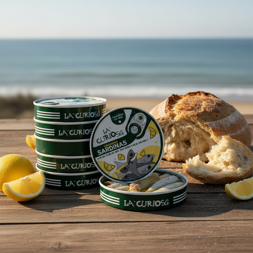 Two round metal tins of La Curiosa Sardinitas small sardines in olive oil with lemon, shown on a white background. One tin is open, showing the sardines inside, and the other shows the decorative lid with illustrations of sardines and lemon slices.