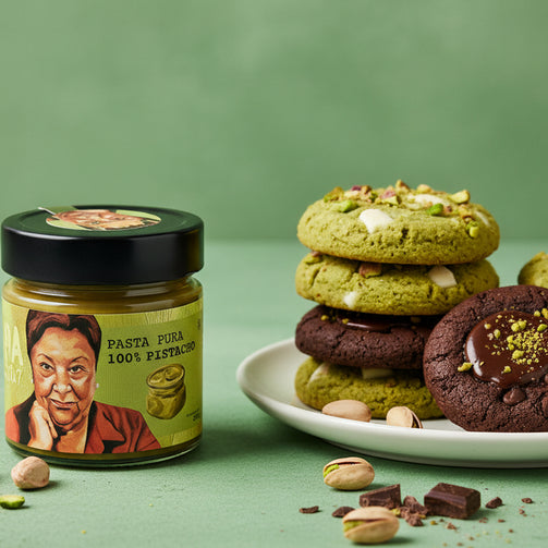 La Lola 1947 pure pistachio butter with plate of cookies