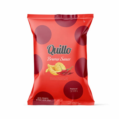 Spicy Quillo Bravas Sauce crisps in polka dot red pack