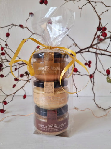 Trio Pate Gift set of IBerico Secreto Pate, Goat Cheese & Caramelised Onion Cream, Venison & Px Sherry Pate in Gift Sleeve with Ribbon