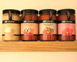 Four jars of Nicola brand homemade tomato Frito sauces and condiments lined up on a wooden shelf against a cream-colored background. The jars contain various tomato-based and onion-based sauces and feature black lids with white labels.